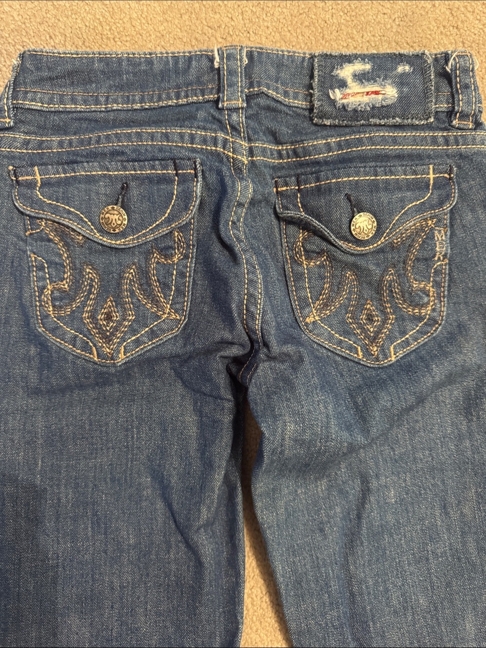 MEK Denim Chicago Bootcut Button Pocket Embroidered Jeans in Blue
